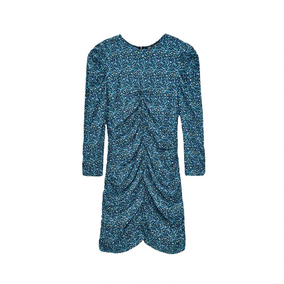 Zara Blue & White Floral Ruched Bodycon Dress Mini Length Long Sleeve Medium - Picture 3 of 12